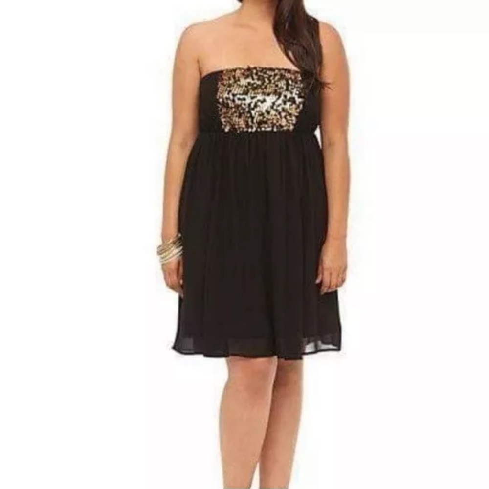 Vintage Torrid Black Chiffon and Gold sequin Strapless dress, size 1